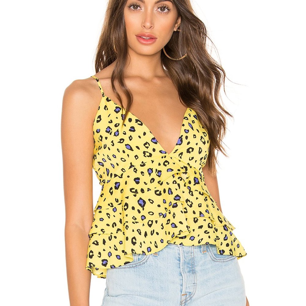 NWT SUPERDOWN REVOLVE Yellow Leopard Print Ruffle Top S